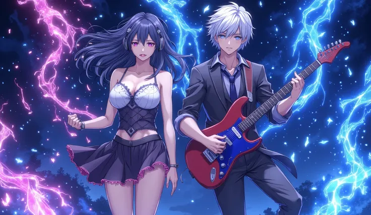 duet male and female musicians standing side by side, both wearing headphones, male playing guitar and female singing, floating mid-air surrounded by glowing music waves and magical sound particles, ethereal light effects, headphones on, dramatic dark-blue...
