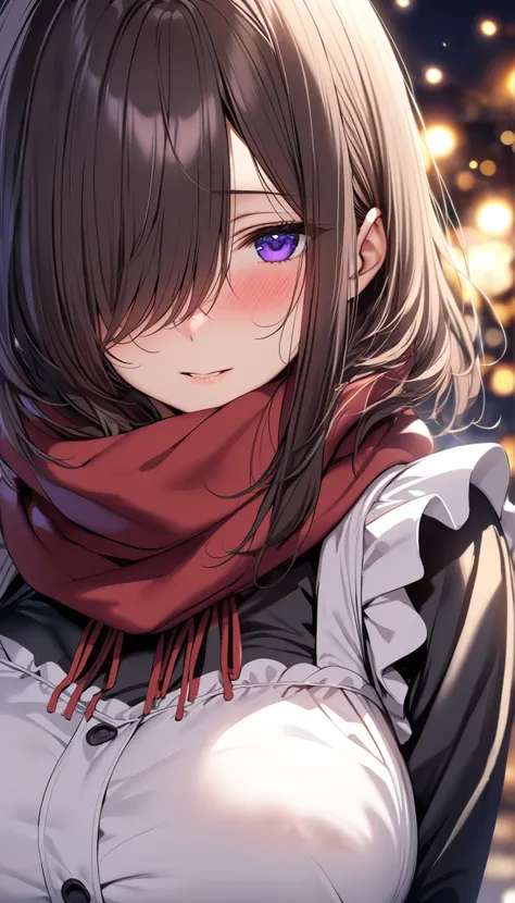 (masterpiece, Highest quality:1.2), (1girl), alone, ((medium hair)), ((dark brown hair)), ((straight hair)) ,((hair over face)), (hair over one eye), (hair over right eye), bloom, (black maid dress),long sleeves, white apron ,detailed eyes,(purple eyes), (...