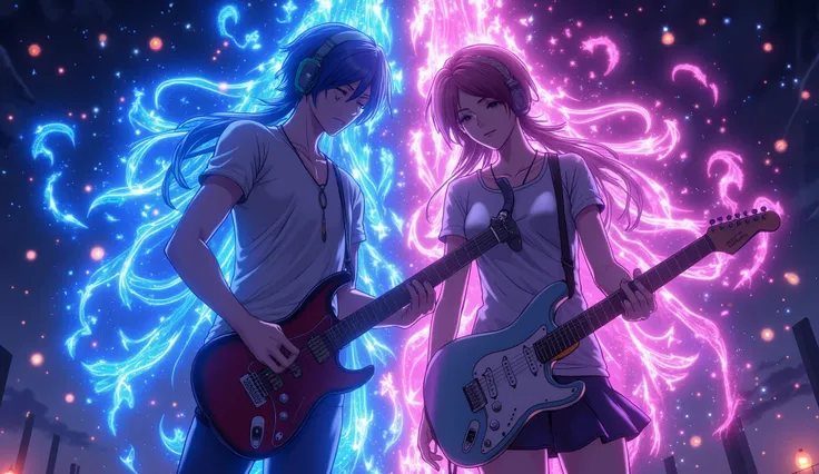 duet male and female musicians standing side by side, both wearing headphones, male playing guitar and female singing, floating mid-air surrounded by glowing music waves and magical sound particles, ethereal light effects, headphones on, dramatic dark-blue...