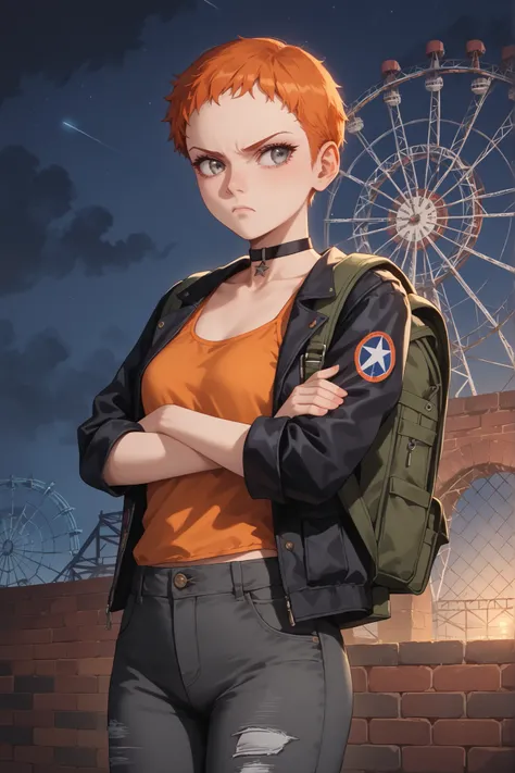 1girl, abandon amusement park, Ferris wheel at background, night, dark abandoned place, abandoned amusement park, ((brick walls)), ((looking to the side)), looking away, poor light, dark night, grim atmosphere, horror amusement park, outdoors, orange hair,...