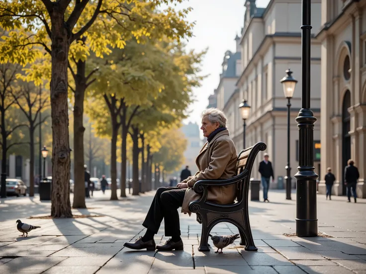 Scene: Exterior of a city square in European architectural style. Long shadows and warm golden lighting suggest late evening, possibly early summer. Geolocation is presumably Central Europe (there are baroque elements in the building facades).
Composition...