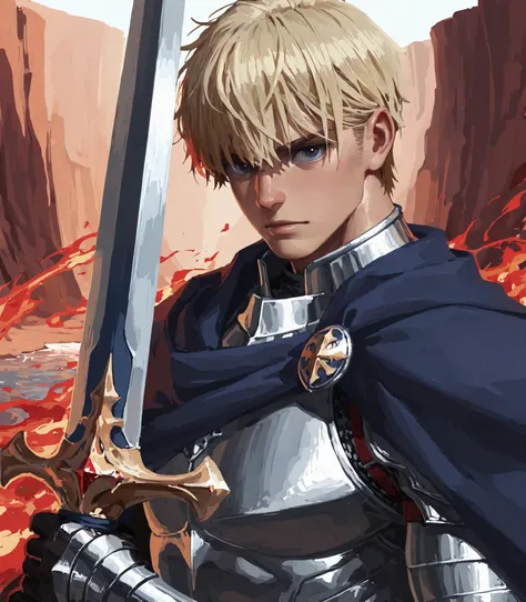 masterpiece, best quality, best detail, absurdres, (upper body focus: 1.0), solo, looking at viewer, lips, (no lineart: 1.5), (male, man, masculine, handsome: 1.5), fair skin, dark blue eyes, (short blonde hair: 1.0), messy bangs, casual expression, knight...