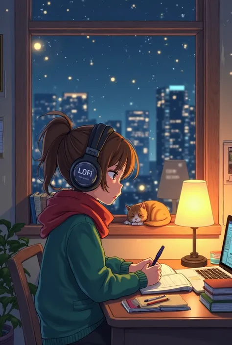 "An animated scene of a boy  with brown hair in a ponytail wearing large headphones labeled 'LOFI', a green sweater, and a red scarf. She is sitting at a desk under a warm lamp, writing in a notebook. The room is cozy and filled with books, a plant, statio...