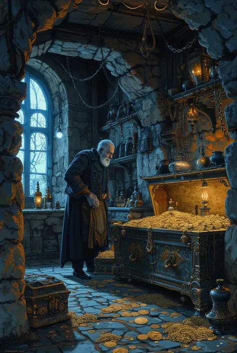 Highly detailed images、 High-res images, In a dimly lit room, a stone chamber with an arched window, an elderly alchemist (The skin is pale with a bluish tint, , It's greed and obsession, , is pretty much absorbed in his wealth, , indifferent to the secluded darkness of his surroundings, stares intently at the treasure chest),  background: many ornate chests spill out lots of treasures; gold coins, strings of pearls, , and bright gems flicker in low light. The stone walls look rough and ancient, hang large chains on them.