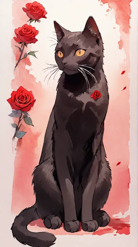 perfect anatomy, watercolor, simple composition, Black Cat's Full Body, Expressionless cat:0.5, close your eyes, portrait, flat-colors, gentle red rose background、 white flower background、simple pastel color