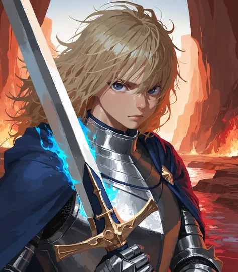 masterpiece, best quality, best detail, absurdres, (face focus: 1.0), solo, looking at viewer, lips, (no lineart: 1.5), (male, man, masculine, handsome:1.0), fair skin, dark blue eyes, medium blonde hair, messy hair, messy bangs, serious, knight, silver ar...