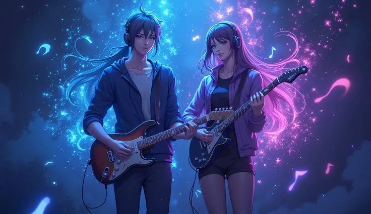duet male and female musicians standing side by side, both wearing headphones, male playing guitar and female singing, floating mid-air surrounded by glowing music waves and magical sound particles, ethereal light effects, headphones on, dramatic dark-blue...