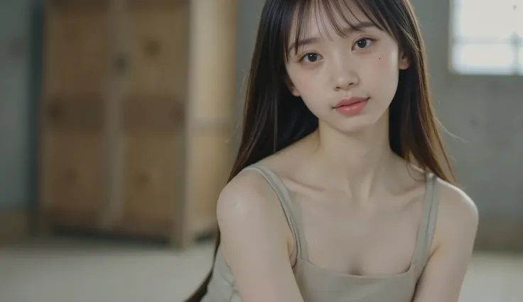 1girl, wearing a tank top with thin straps, raw photo, Highest Quality, Highly detailed, Super Detailed, Hi-Res, Slender body, Long Hair, Big breasts, sitting, 