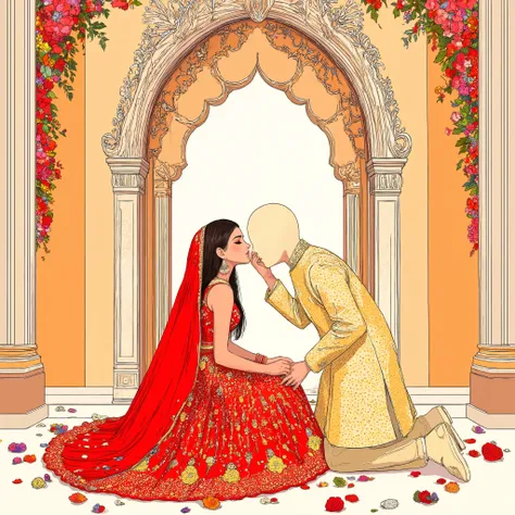 Hand-drawn A bride wearing a beautiful red lehenga with exquisite design sitting on the floor where flowers are spread around her and the groom wearing gold pastel sherwani , he is on his one knee and doing the gesture of kissing on her forehead and holdin...