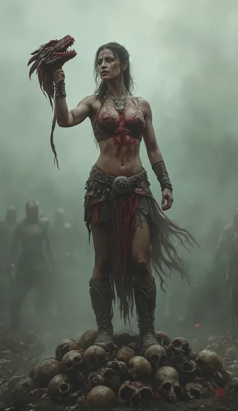An ancient female gladiator, woman warrior, on the battlefield victorious with a bloody and decapitated dragon's head in her hand, wound chest, standing on a pile of skulls, scary smoky and foggy scene, cruel, Rating R