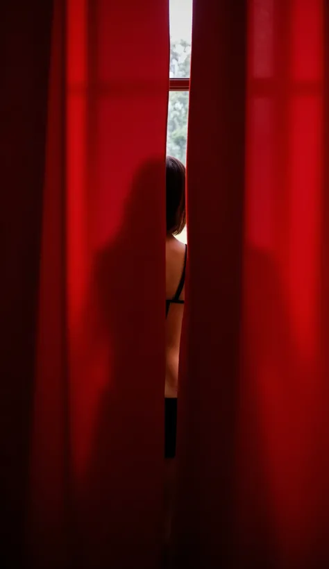 behind the red curtain, the elegant posture of a woman is vaguely revealed，Light and shadow are projected onto the curtain，Hazy and beautiful，Oriental classical atmosphere，Silhouette effect，in a room with dim and soft light in the background，Full of myster...