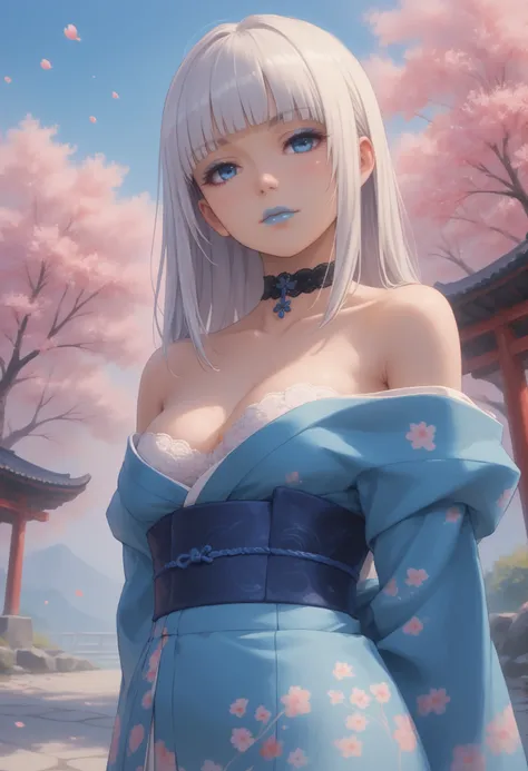kirari momobami, long hair, white hair, hime cut, big blue eyes, highly detailed face, glossy detailed lips, blue lipstick, blunt bangs, eyeshadow, medium sized breasts, cleavage, exposed shoulders, collarbone, choker, highly detailed clothing, japanese cl...