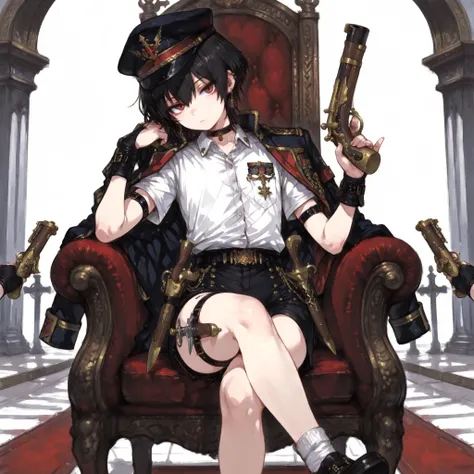 ((Best Quality)), ((masterpieces)), (detailed), Perfect Face, SOLO, ((femboy)), tomgirl, ANIME, beautiful detailed eyes, BOB hair, BOBed hair, black hair, RED EYES, BARE thighs, (((BARE LEG))), ((BLACK short pants)), (((dress shirt))), ((Flat chest)), Chok...