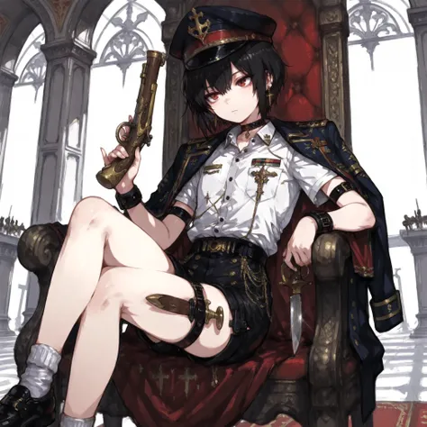 ((Best Quality)), ((masterpieces)), (detailed), Perfect Face, SOLO, ((femboy)), tomgirl, ANIME, beautiful detailed eyes, BOB hair, BOBed hair, black hair, RED EYES, BARE thighs, (((BARE LEG))), ((BLACK short pants)), (((dress shirt))), ((Flat chest)), Chok...