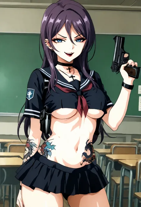 Mature Woman、reika shichijou, long hair, blue eyes, , purple hair,  Glowing Skin、choker, , ear piercing, long hair, , lipstick,Hot girl, baddie, sensual, attractive, cross necklace, masterpiece, best quality, highly detailed, a girls in sailor uniforms wit...