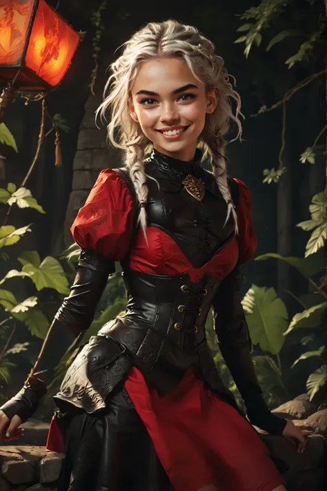 Smiling awkwardly. Sharp teeth. Slender body. White skin. Cute 18-year-old Aztec girl with Asian red eyes and unnaturally sharp teeth and dreadlocks with white highlights. White strands of hair. She has a cute and beautiful face. She has a round and young ...