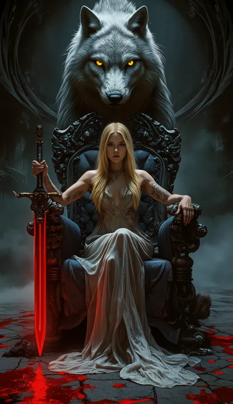 A powerful fantasy scene featuring a striking female figure seated on a dark, ornate throne. She has long, flowing blonde hair and is dressed in a shimmering silver gown that emphasizes her strong physique. Intricate tattoos adorn her arms, and a fierce re...