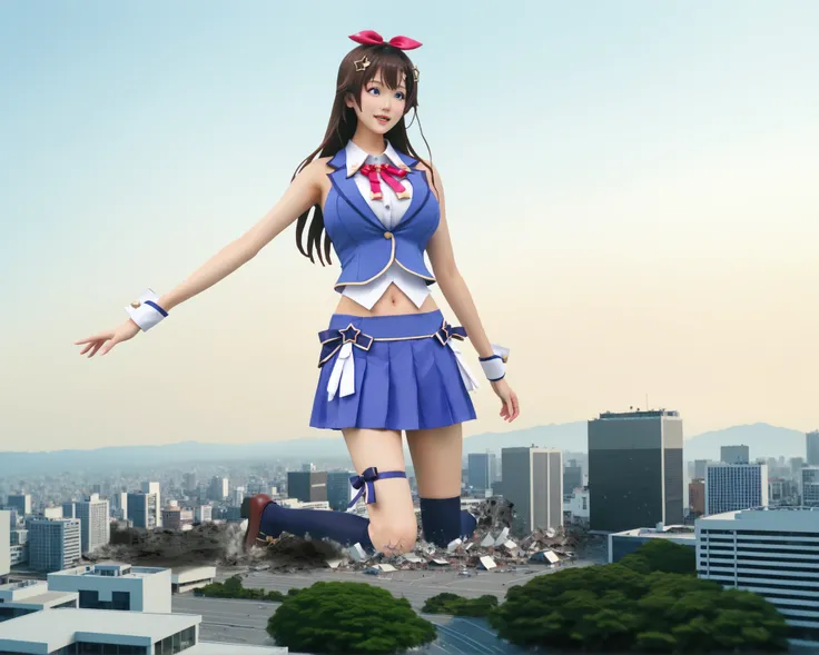 And sky , one girl on a day off, score_9, score_8_up, score_7_up, My hair, has a scoundrel expression「 And sky 」, 茶色いMy hair,real, long My hair , star-shaped My hair accessory , My hair bow , blue eyes , blue vest , sleeveless shirt , red ribbon , bell...