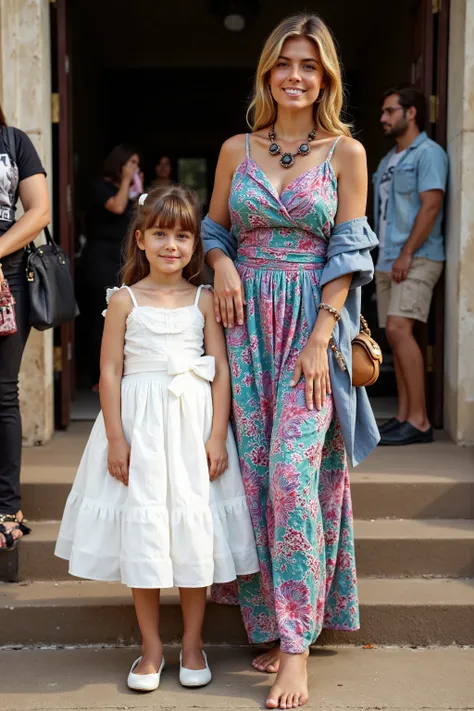 A cute lovely young girl stands in a bright, elegant white dress, which features a lace bodice and a full, airy skirt, secured at the waist with a delicate bow. Beside her, at her left, is a beautiful woman dressed in a sleeveless dress with vibrant, artis...