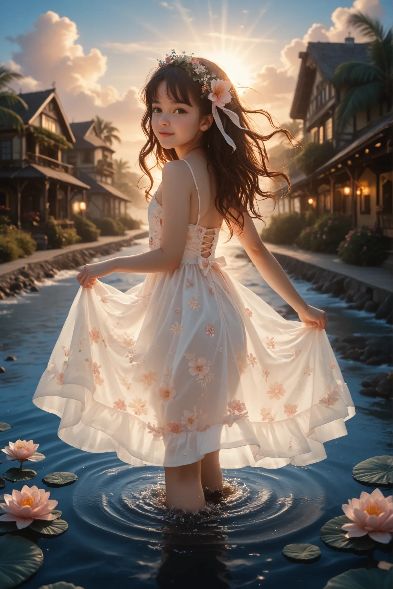 Little village by the river, mountains in the background, floral flowers colorful, detailed landscape, beautiful natural landscapes, atmospheric lighting, scorching sunset, warm colors, Practical, фотоPractical, detailed foliage, complex buildings, paved s...