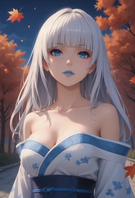 kirari momobami, long hair, white hair, highly detailed hair, hime cut, big blue eyes, highly detailed face, glossy detailed lips, blue lipstick, blunt bangs, eyeshadow, medium sized breasts, cleavage, exposed shoulders, collarbone, highly detailed clothin...