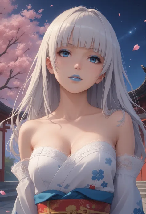 kirari momobami, long hair, white hair, highly detailed hair, hime cut, big blue eyes, highly detailed face, glossy detailed lips, blue lipstick, blunt bangs, eyeshadow, medium sized breasts, cleavage, exposed shoulders, collarbone, highly detailed clothin...