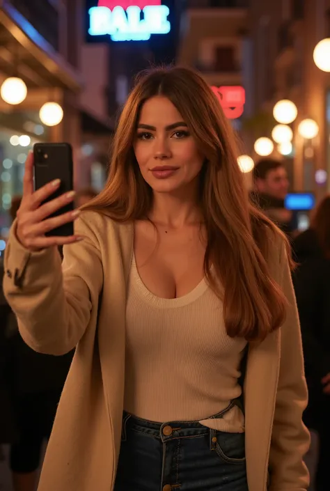 girl in a italian bar, selfie, selfi photo, selfie with phone in the hand, brown long staight hair, tight sweater, wole sweater, cream colour sweater, cleavage, thight jeans, night, long open winter jacket