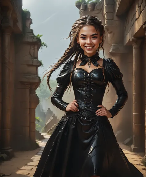 Smiling awkwardly. Sharp teeth. Slender body. White skin. Cute 18-year-old Aztec girl with Asian red eyes and unnaturally sharp teeth and dreadlocks with white highlights. White strands of hair. She has a cute and beautiful face. She has a round and young ...