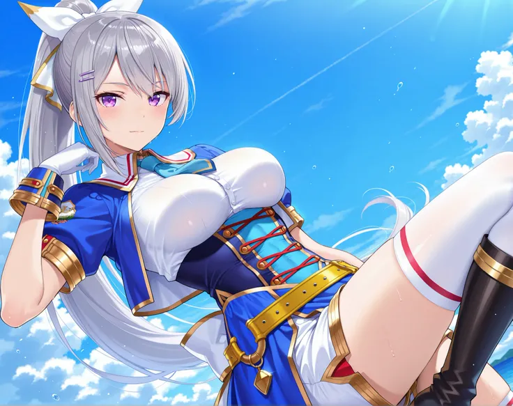 solo,masterpiece,best quality, amazing quality, highres, absurdres, very aesthetic, high resolution, ultra detailed, perfect details,nijikaede,purple eye,grey hair,long eyelashes,long hair,ponytail,white bow,hair pin, glorious azure,official alternate cost...