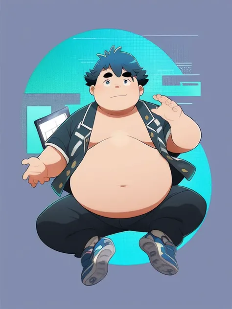 Full Body Blue, Body Noise-Sensing, as a computer folder, Wearing School Uniform,  chubby , cute, Belly Big to Reveal Clothes, Fatty,  No Glasses , With hair, Overweight, Big belly, anime style