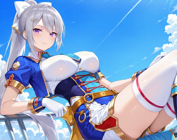 solo,masterpiece,best quality, amazing quality, highres, absurdres, very aesthetic, high resolution, ultra detailed, perfect details,nijikaede,purple eye,grey hair,long eyelashes,long hair,ponytail,white bow,hair pin, glorious azure,official alternate cost...