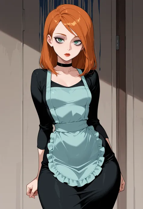 Kim Possible. ginger. medium hair. choker. green eyes. red lips. athletic body, narrow waist, small breasts, huge hips.| masterpiece, best quality, absurdres, 1girl,), solo, eyeliner, bags under eyes, black dress, apron, expressionless, gloom,
