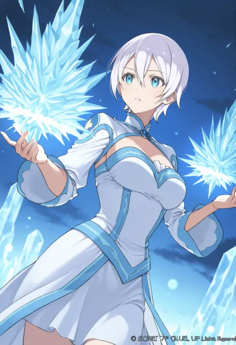 score_9 , score_8_up , score_7_up, solo, 1girl, lisanna strauss, short hair, blue eyes, hair between eyes, white hair, white dress with blue trim, fantasy style, fantasy mage, queen, ice mage,  coboy shot, dutch angle, in a whitecastle, night