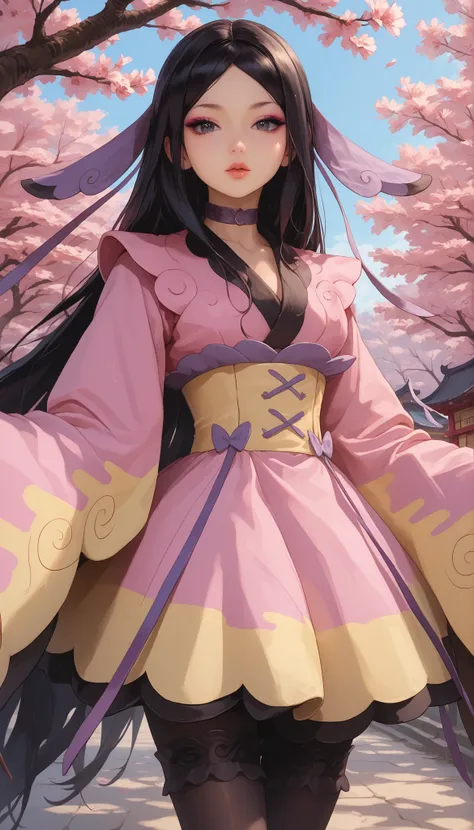 zzValerie, long hair, black hair, big black eyes, highly detailed face, glossy detailed lips, parted bangs, eyeshadow, hair ornament, black pantyhose, choker, dress, furisode, highly detailed clothing, japanese clothes, kimono, long flowing sleeves that co...