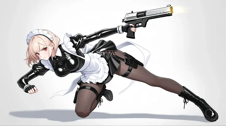 womanhood, Maid Outfit, white brim, leg knife sheath, leg gun holster, leather boots, Fingerless Gloves, Tight Miniskirt, Lace-up Slit, Dynamic Pose
