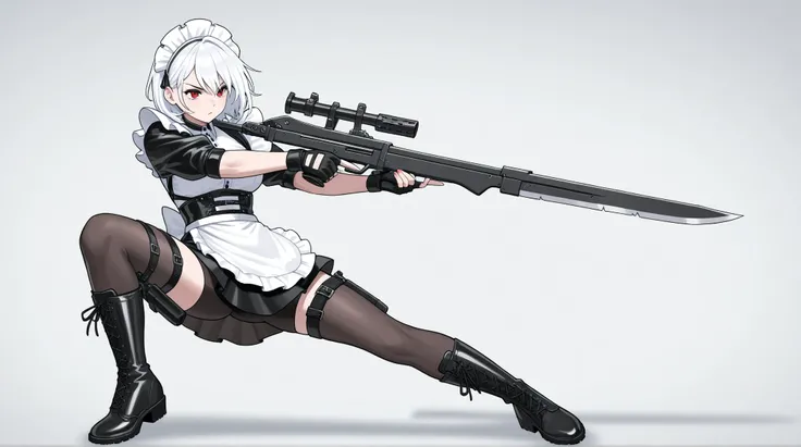 womanhood, Maid Outfit, white brim, leg knife sheath, leg gun holster, leather boots, Fingerless Gloves, Tight Miniskirt, Lace-up Slit, Dynamic Pose