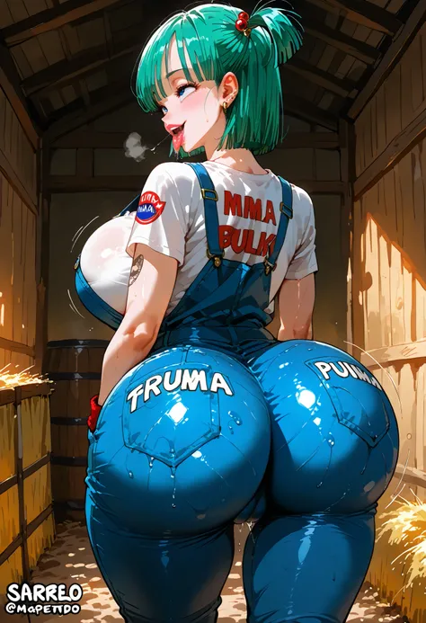 Beautiful punk curvy Bulma, big huge ass in leggings , big oiled butt, seductive face, piercing, tattoo, sexy punk style, big curvy, t-shirt with name ((Bulma), showing t-shirt, with the name on it,Magrelo, Breast Expansion, Ahegao, Apertando Seios, Sardas...