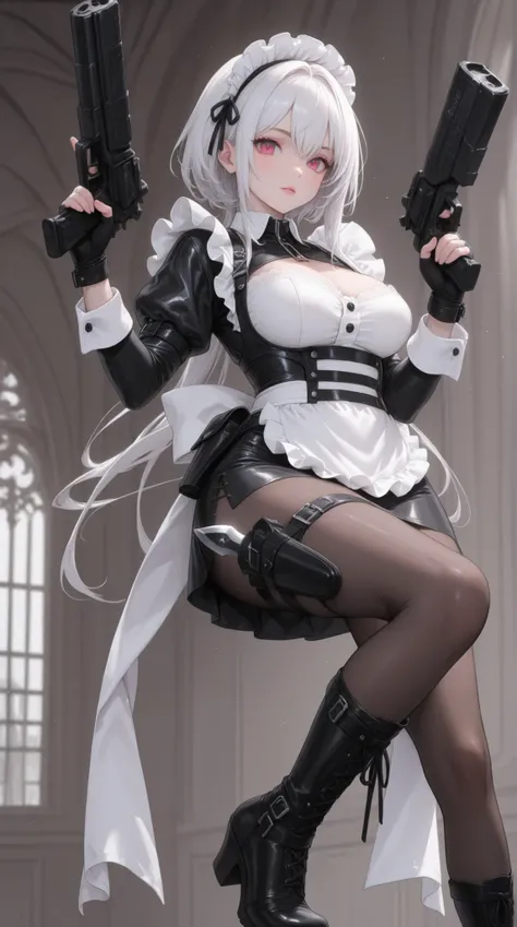 womanhood, Maid Outfit, white brim, leg knife sheath, leg gun holster, leather boots, Fingerless Gloves, Tight Miniskirt, Lace-up Slit,    Dynamic Pose