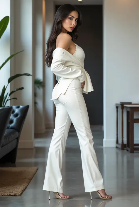 full figure Fashion photo of an elegant sexy desirable tall woman, black short hair, red lips, large breast subdued purple eyeshadow, a office white leather suit with a white silk shirt white elegant stilettos dinamyc pose in office