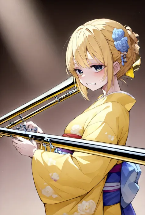 One Girl、tall、 Slim、short、yellow kimono、jagged teeth、I have a bass trombone