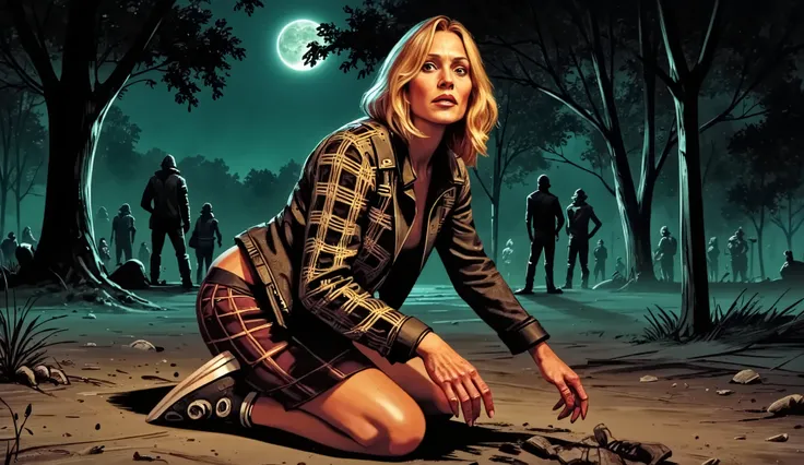 1woman, (Wide, low angle, 3/4 angle), Cute, freckled, blonde short-haired, tomboy, Private investigator party girl in the park at night, on her knees, bent over, turned, tough, short houndstooth jacket, tight chic bohemian outfit, bare midriff, checkered p...
