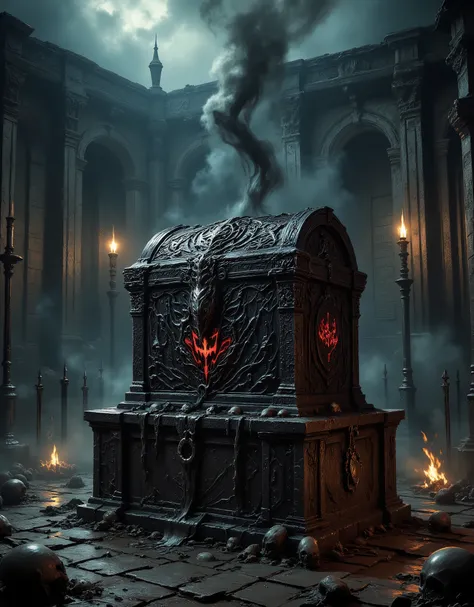 A highly detailed illustration in the dark fantasy style depicting the mysterious box of the Warlord of Despair — a jagged Obsidian chest covered with carvings of screaming faces and locked with broken shackles. The casket stands on a ruined altar in a rui...