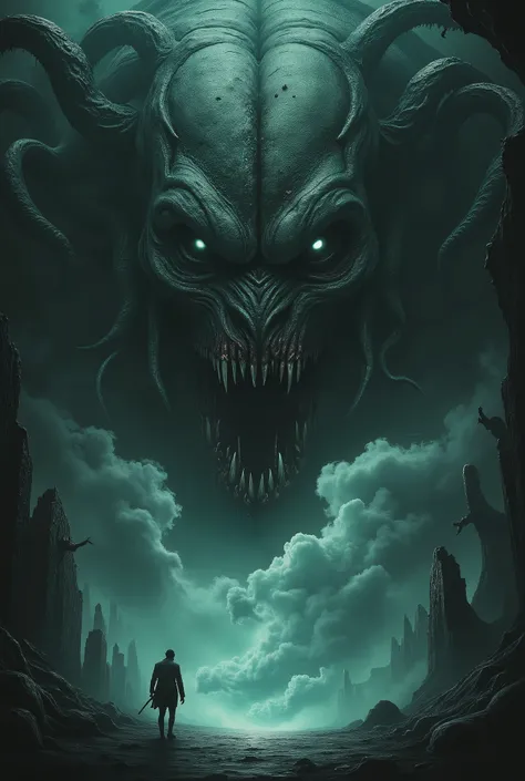 Eldritch entity, distorted face, tentacles coming out of the eyes and mouth, biomorphic body, darkness and fog background, high detail, masterpiece.