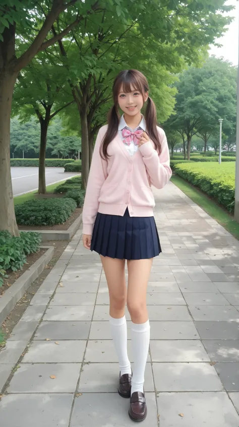 A cute Japanese high school girl posing in a sunny park with a cheerful and stylish look. She is wearing a soft pink cardigan over a white blouse, complemented by a large pink ribbon tied at the collar. Her pleated skirt features a navy and white plaid pat...