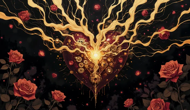 Steampunk heart, high intensity, abstract roses, darkness and fog background, high detail, masterpiece.