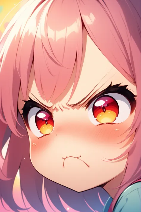 A close-up portrait of a cute anime girl pouting angrily, cheeks puffed out, face blushing red with frustration, comically angry expression, big expressive eyes looking to the side, soft lighting, colorful background, kawaii style, detailed anime art, focu...
