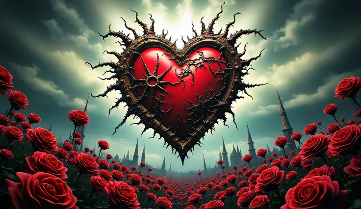 Steampunk heart, high intensity, abstract roses, darkness and fog background, high detail, masterpiece.