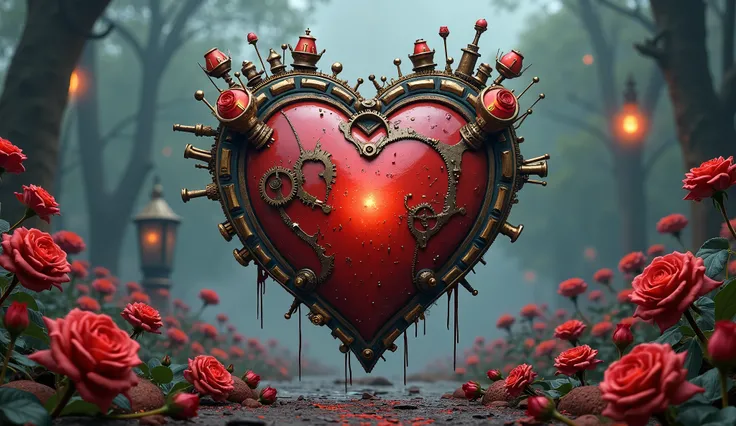 Steampunk heart, high intensity, abstract roses, darkness and fog background, high detail, masterpiece.