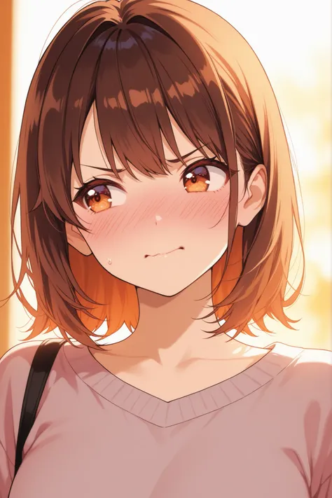 A portrait of a cute 18-year-old anime-style female college student with medium-length brown hair, blushing angrily with puffed cheeks, frustrated expression, slightly teary eyes, looking to the side, wearing a casual campus outfit, anime-style soft lighti...
