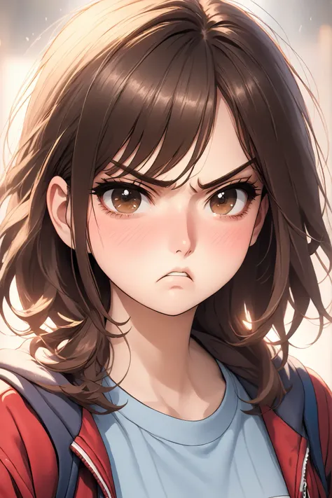 A chest-up portrait of an 18-year-old female college student with medium-length brown hair, puffing her cheeks in anger, face blushing with frustration, slightly teary eyes, cute but comically angry expression, wearing a casual campus outfit, realistic lig...